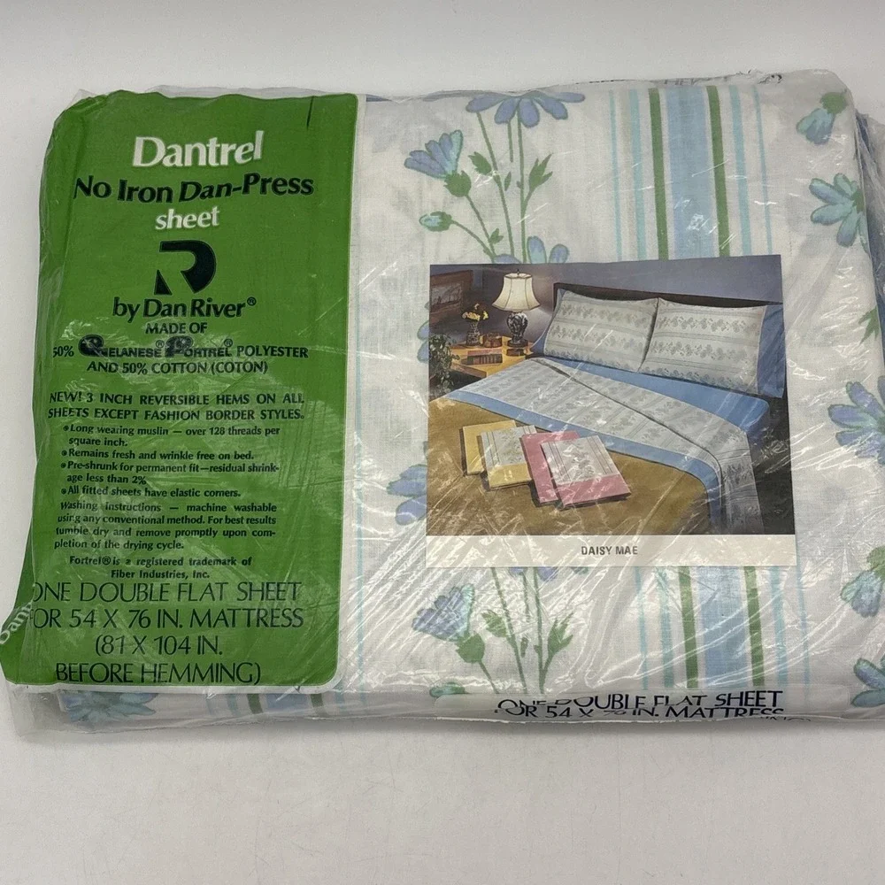 Vtg Dan River Dantrel No Iron Double Sheet Set White Blue Floral NOS